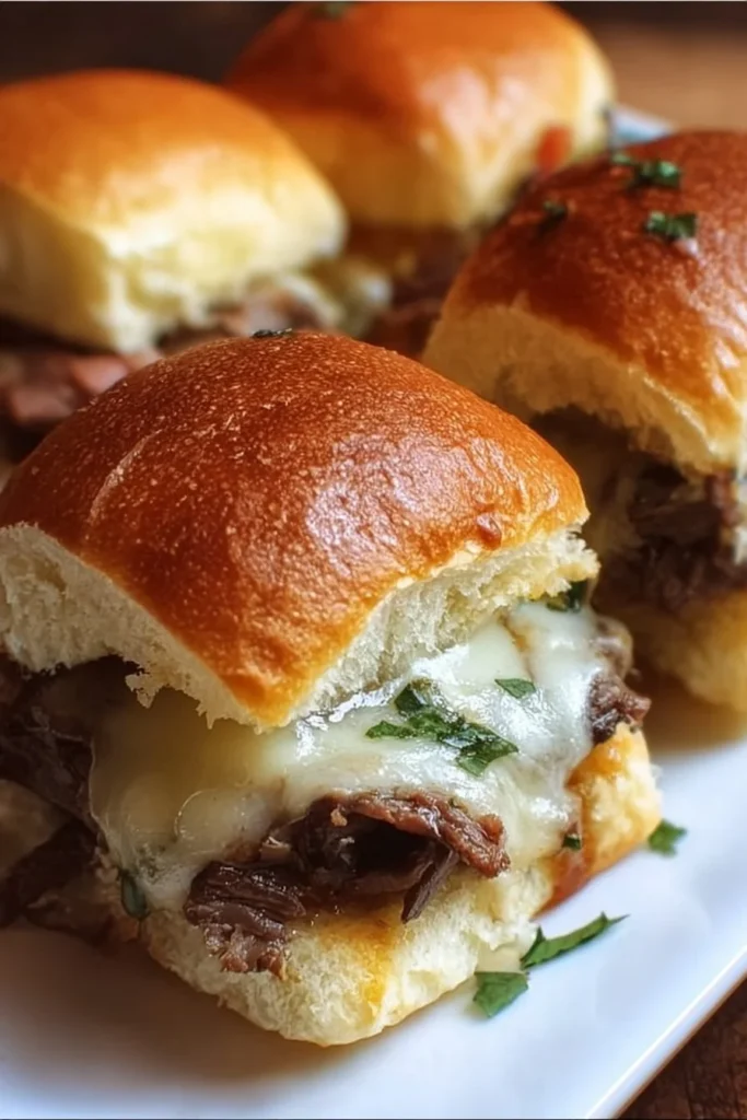 Delicious Philly Cheesesteak Sliders topped with melted cheese and peppers