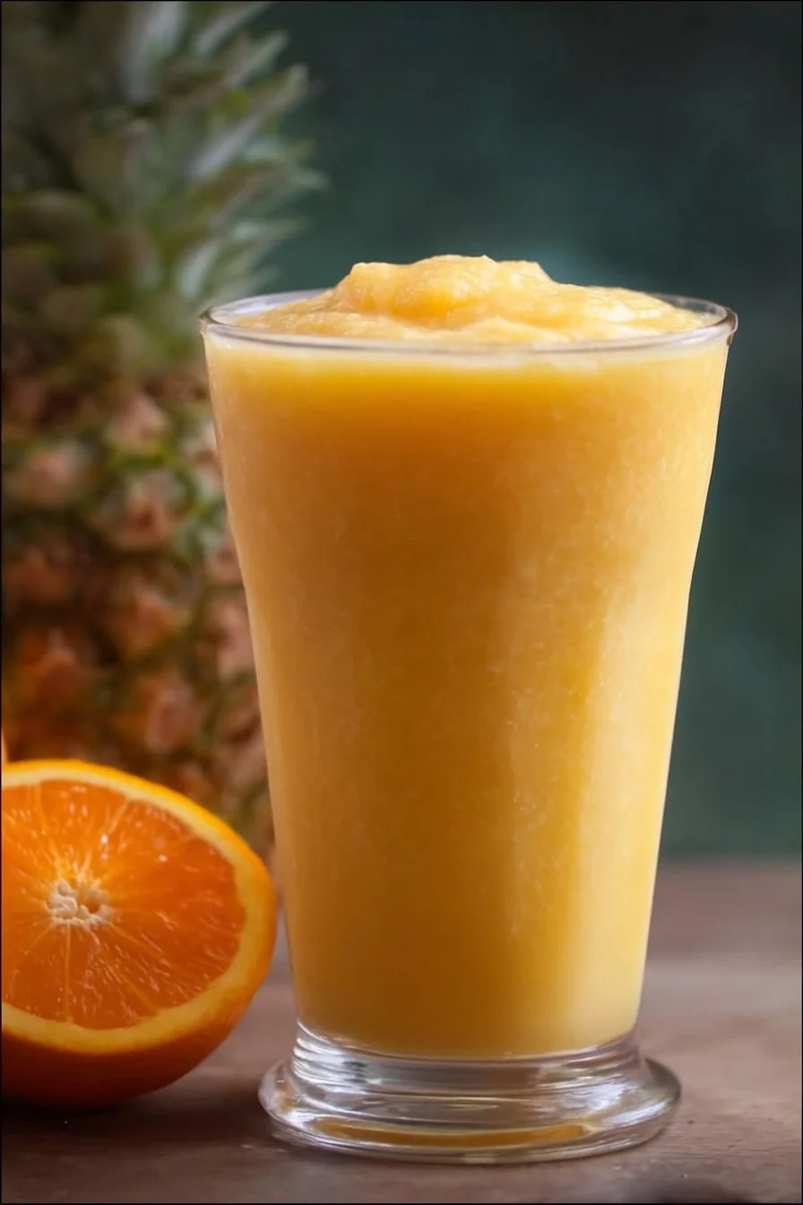 Delicious Pineapple Orange Smoothie in a glass with tropical fruits.