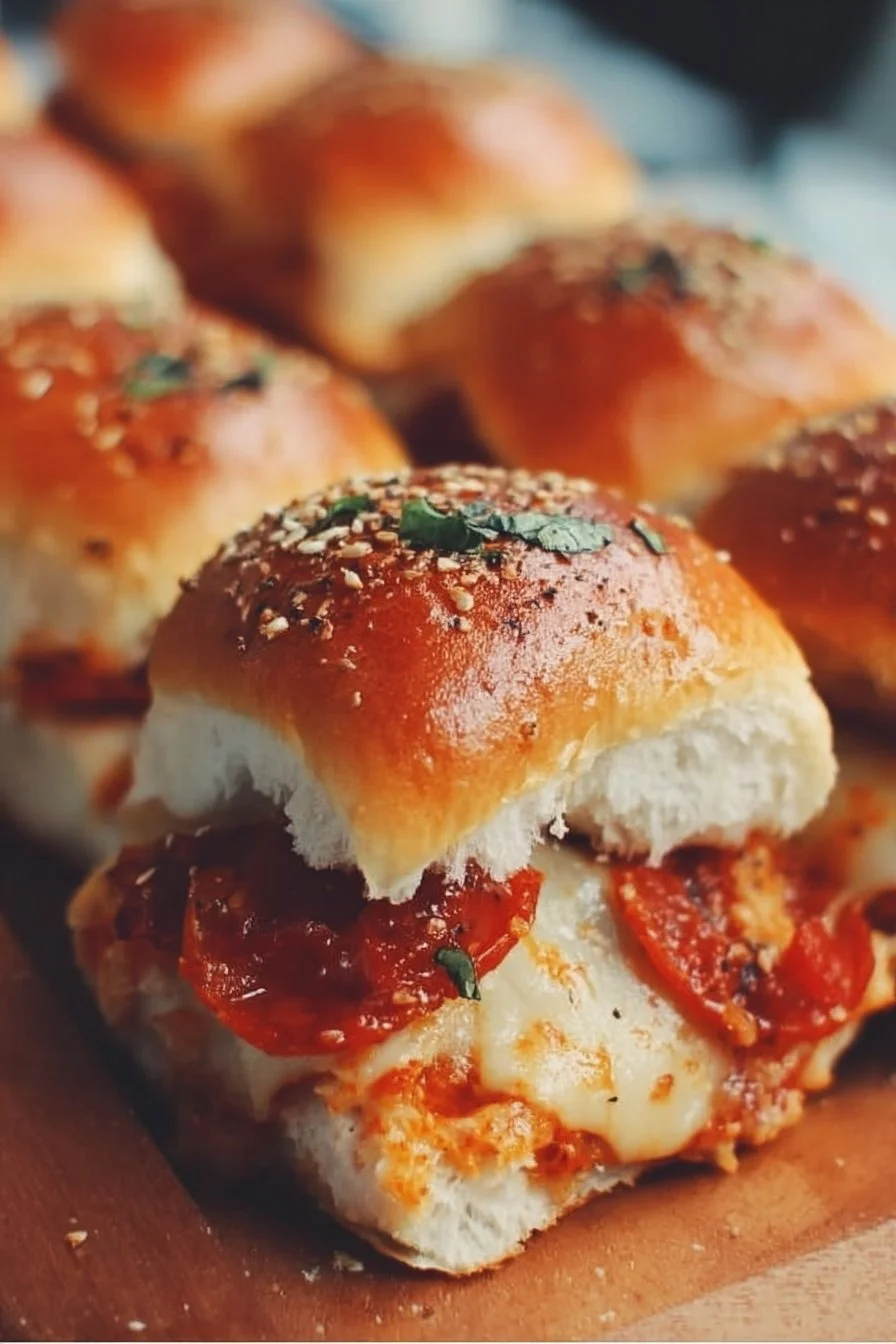 Pizza Sliders 2 Delicious Pizza Sliders topped with cheese and pepperoni on a platter