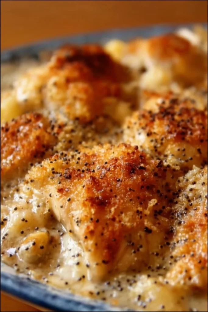 Poppy Seed Chicken Casserole topped with crunchy breadcrumbs
