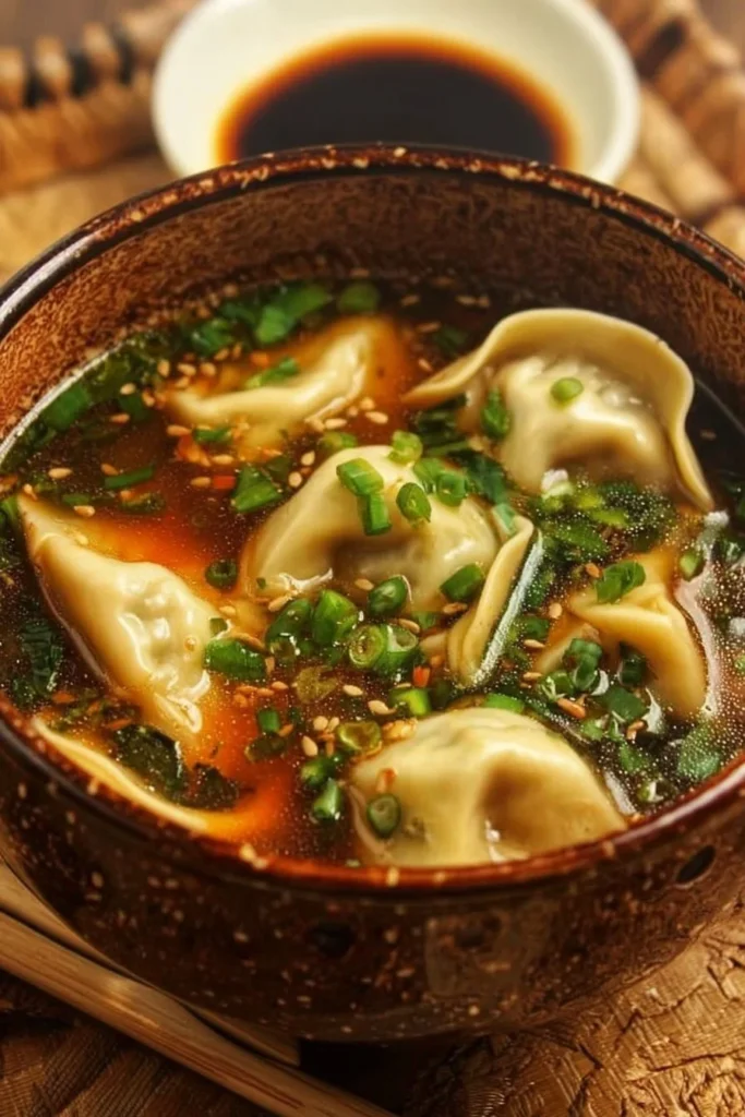 Bowl of delicious potsticker soup with dumplings and fresh vegetables.