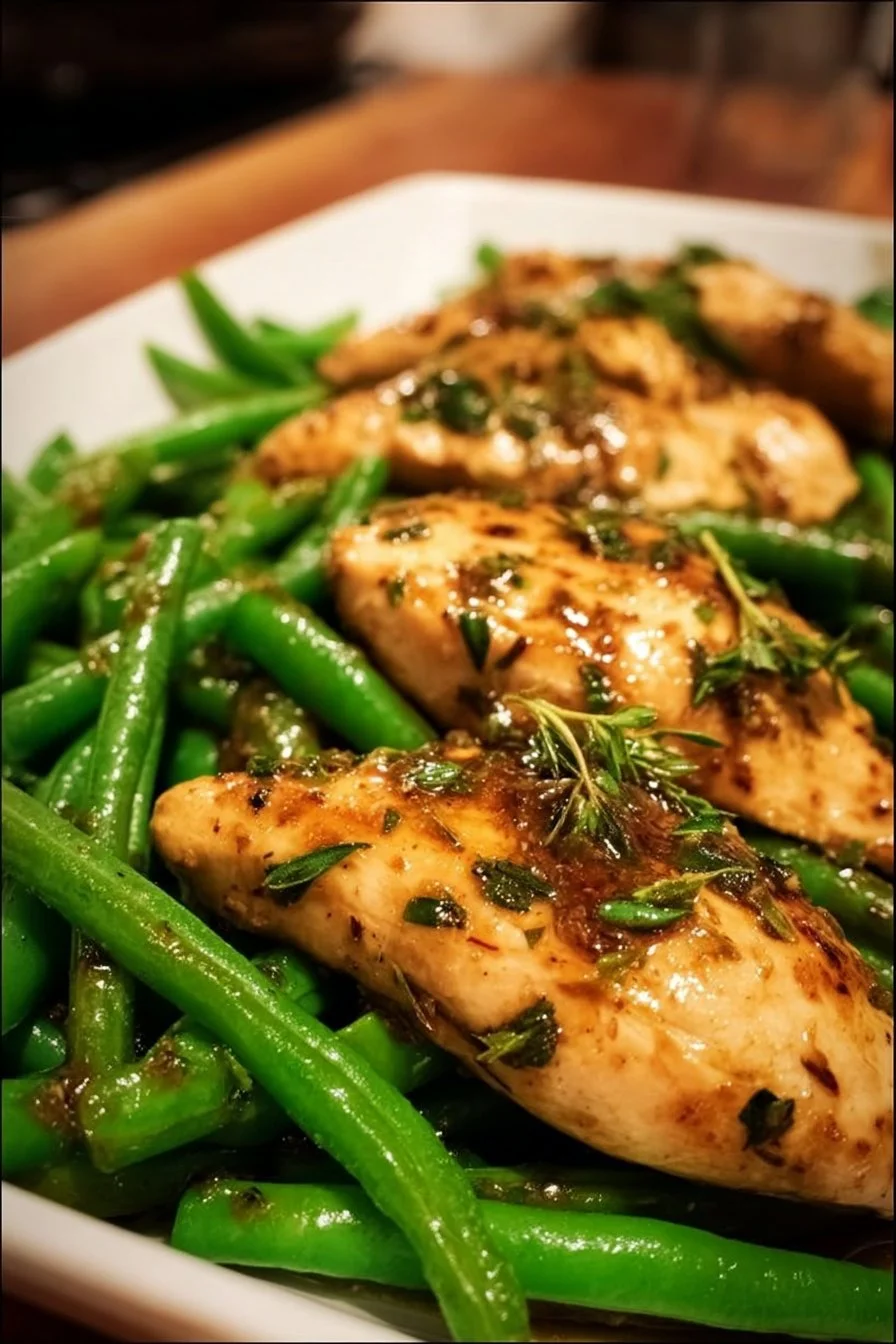 Quick chicken breast served with green beans in a healthy recipe.