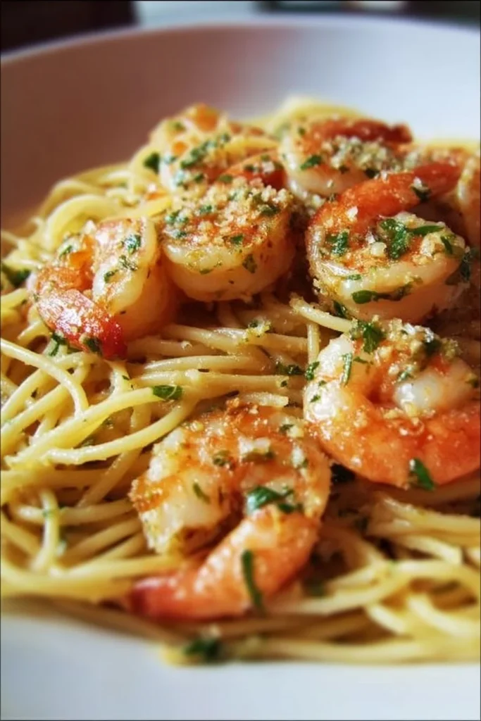 Plate of quick garlic shrimp pasta garnished with herbs