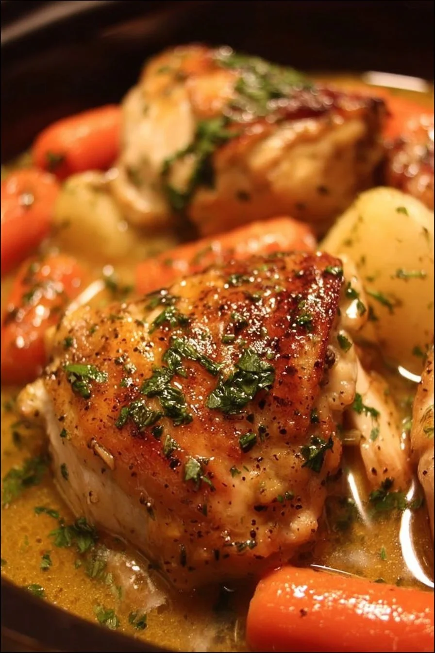 Ranch Chicken Crock Pot Recipe 2 Delicious ranch chicken cooked in a crock pot, garnished with herbs and served hot.