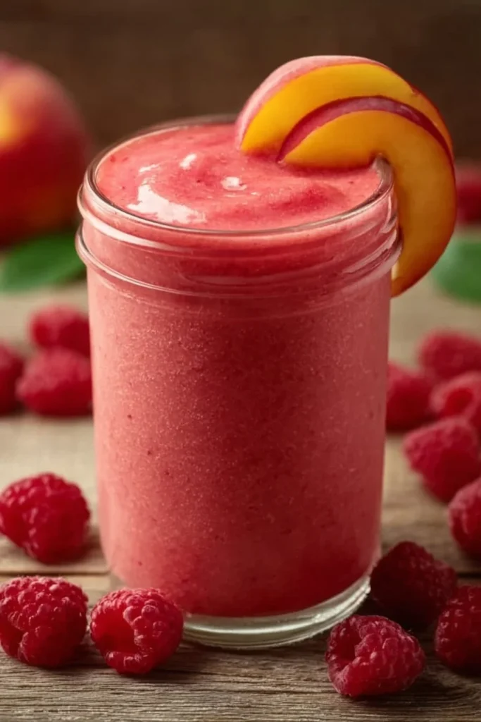 Raspberry Peach Smoothie served in a glass with fresh fruits around it