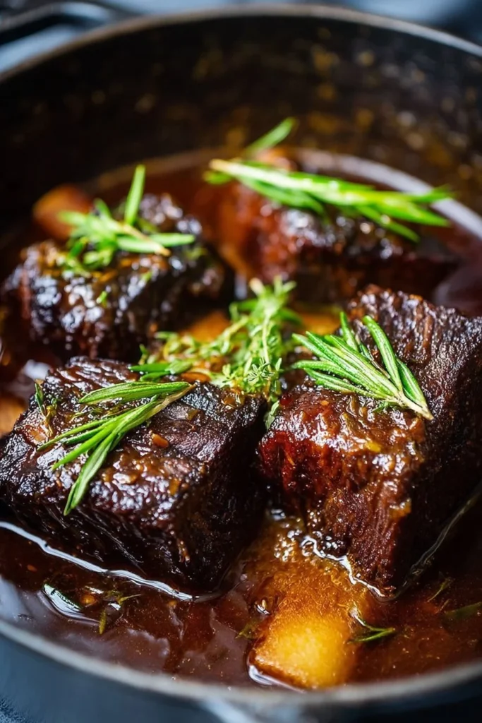 Delicious red wine-braised short ribs served on a plate with vegetables.