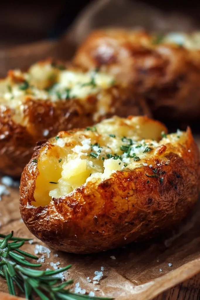 Delicious restaurant-style baked potatoes topped with butter and herbs