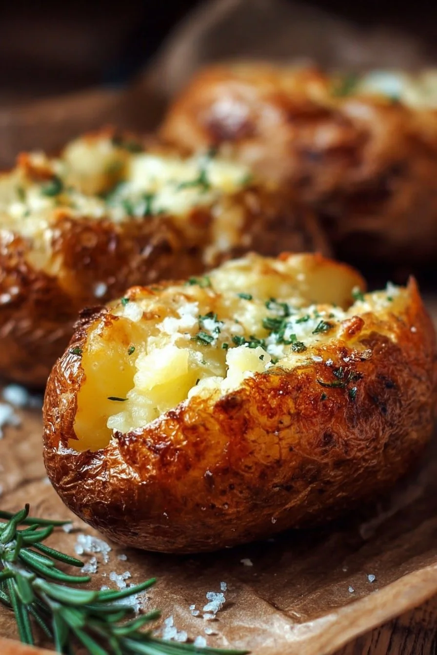 Delicious restaurant-style baked potatoes topped with butter and herbs