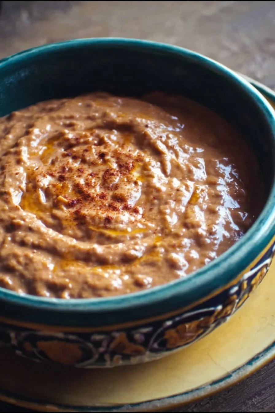 Creamy restaurant-style refried beans served in a bowl