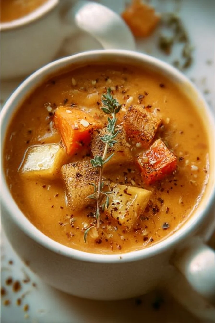 Bowl of delicious roasted vegetable soup with fresh herbs and colorful veggies