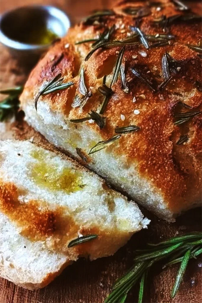 Homemade Rosemary & Roasted Garlic Artisan Bread loaf with fresh herbs