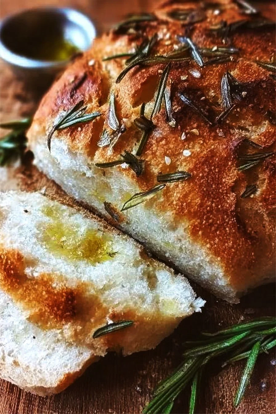Homemade Rosemary & Roasted Garlic Artisan Bread loaf with fresh herbs