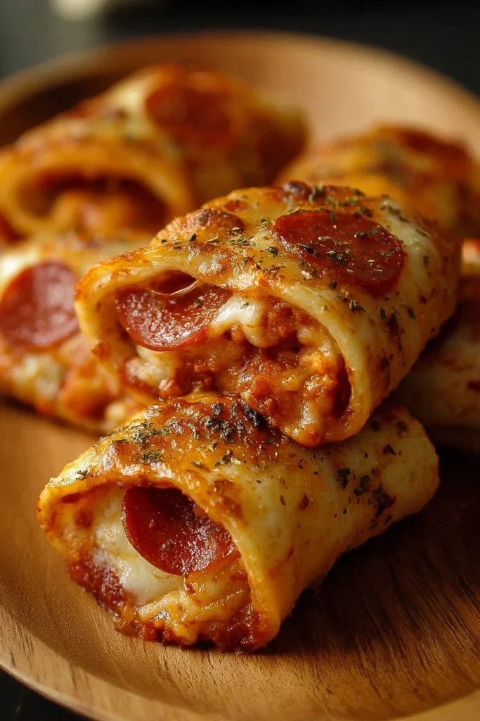 Savory cheesy pepperoni pizza roll ups ready to be served as a tasty snack