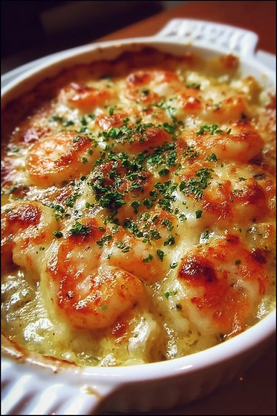 Creamy and cheesy Seafood Gratin dish topped with breadcrumbs
