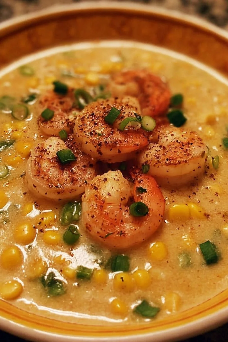 A bowl of shrimp and corn chowder topped with fresh herbs.