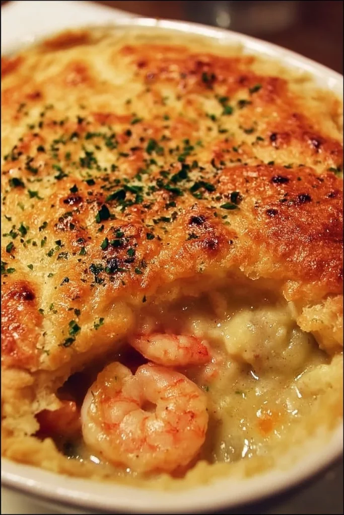 Shrimp and Lobster Cheddar Bay Biscuit Pot Pie served in a rustic dish.