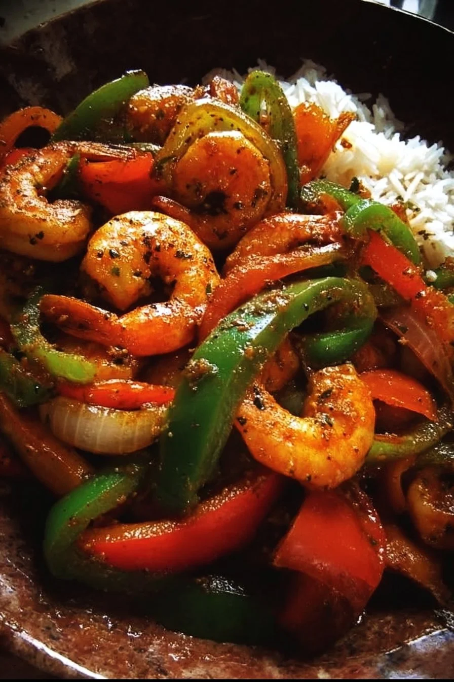 Shrimp and pepper stir fry with colorful vegetables in a pan