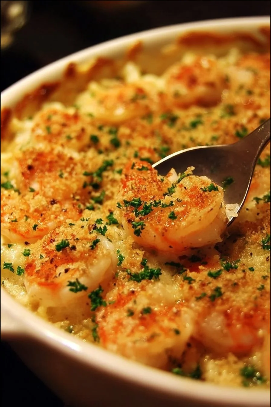 Shrimp Casserole 2 Delicious shrimp casserole ready to serve, garnished with herbs.