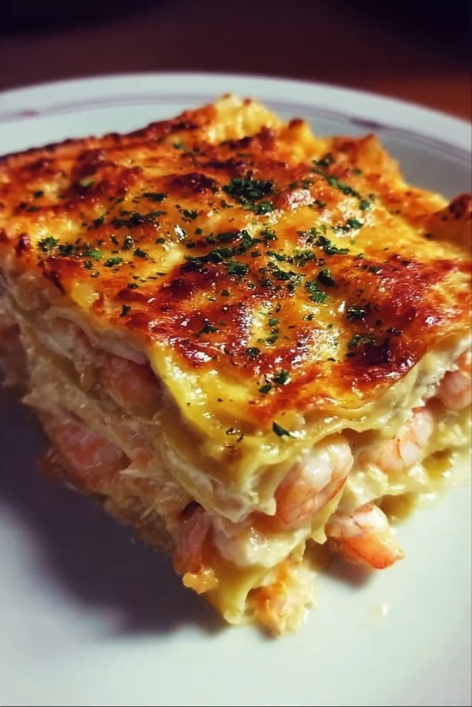 A delicious Shrimp Crab Lasagna baked to perfection with layers of seafood and cheese.
