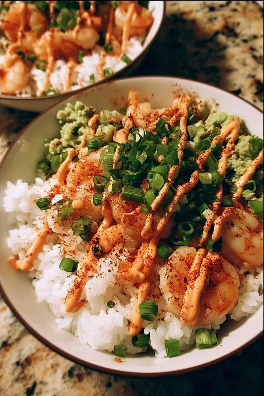 Shrimp rice bowls garnished with spicy mayo and fresh vegetables