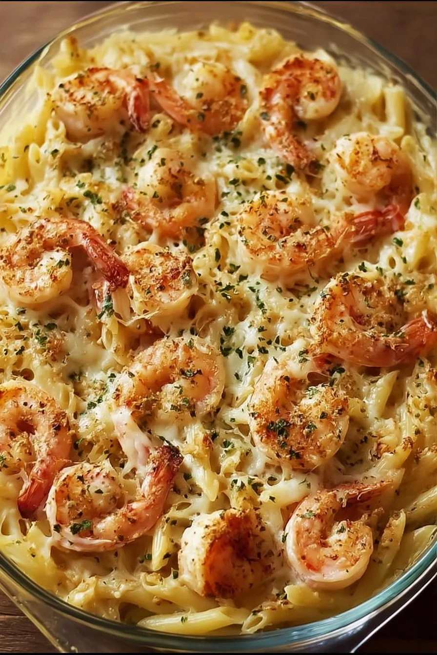 Shrimp Scampi Pasta Bake 2 Shrimp Scampi Pasta Bake topped with herbs and cheese in a baking dish.