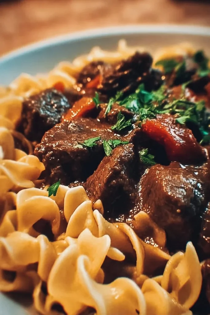 Bowl of slow cooker beef and noodles garnished with herbs