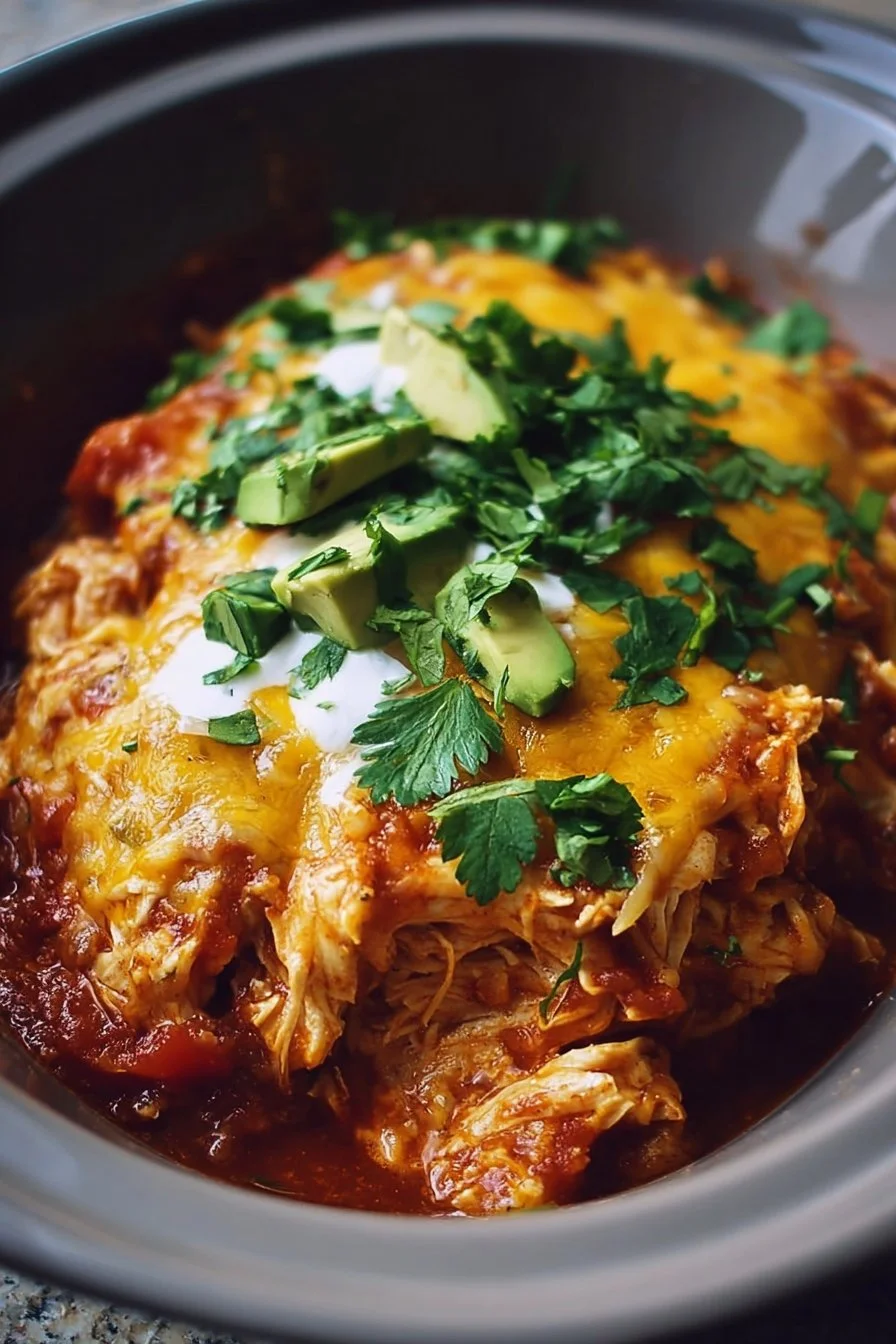 Slow Cooker Chicken Enchilada Casserole with melted cheese and toppings