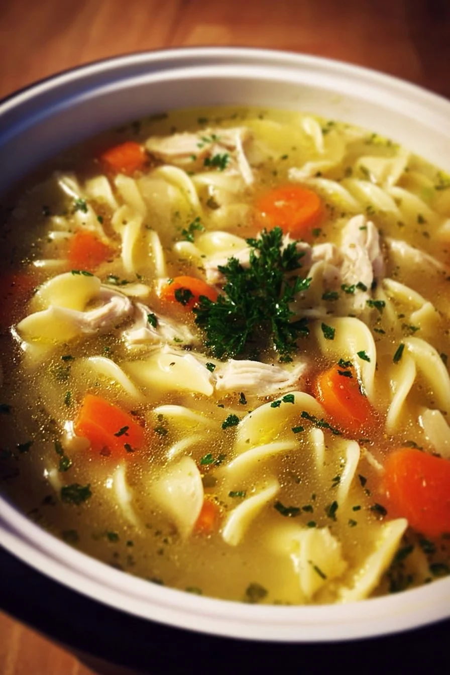 Slow Cooker Chicken Noodle Soup 2 Bowl of slow cooker chicken noodle soup with vegetables and noodles