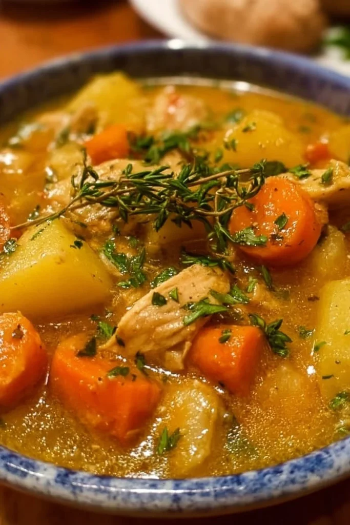 Delicious slow cooker chicken stew with vegetables in a bowl