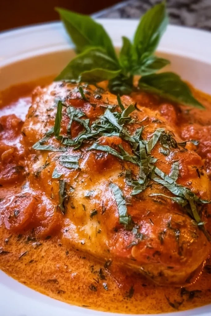 Slow Cooker Creamy Tomato Basil Chicken Breast served with fresh basil garnish