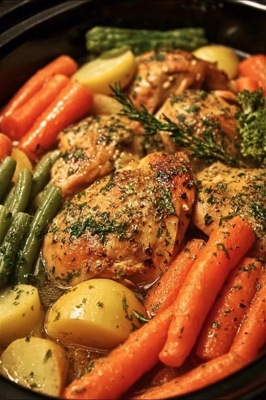 Slow Cooker Garlic Butter Chicken and Veggies 2 Slow Cooker Garlic Butter Chicken with Veggies dish on a plate