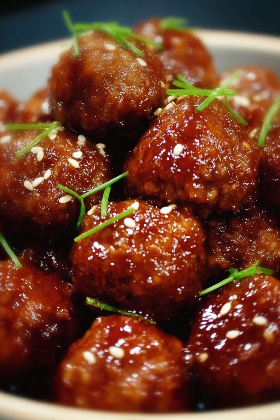 Slow cooker honey garlic meatballs served in a bowl with sauce and garnishes