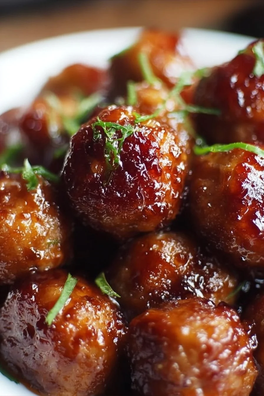Slow Cooker Honey Garlic Meatballs 2 Slow cooker honey garlic meatballs served in a bowl garnished with herbs.