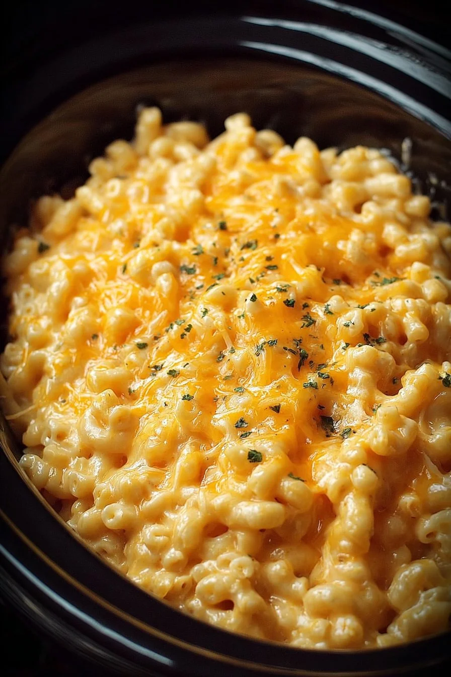 Creamy slow cooker mac and cheese topped with cheese and herbs