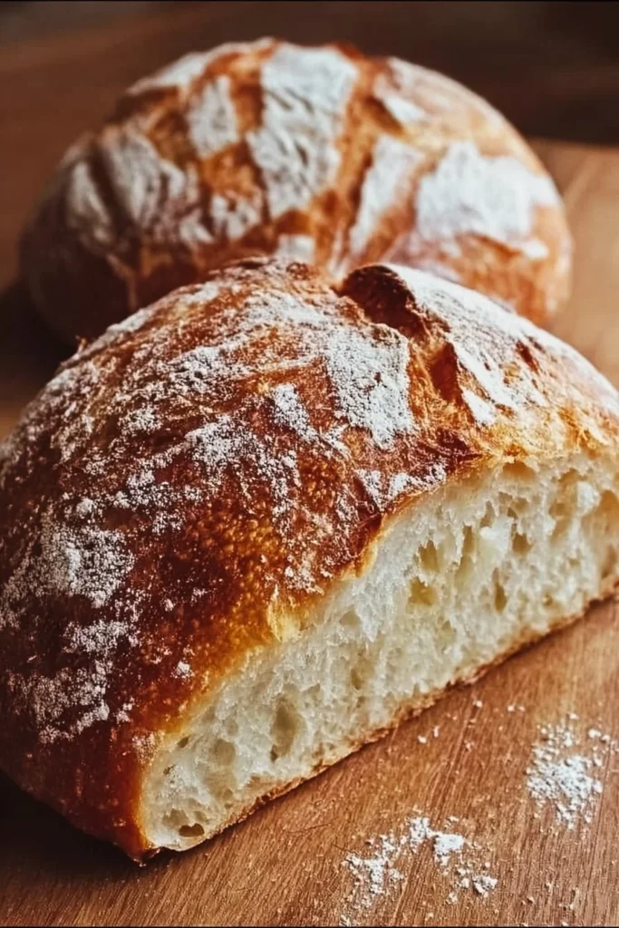 Freshly baked sourdough bread loaf on a wooden cutting board