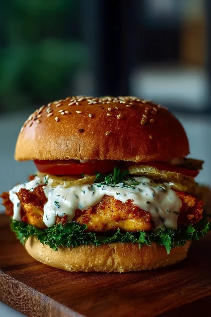 Spicy chicken sandwich topped with creamy homemade sauce on a wooden plate