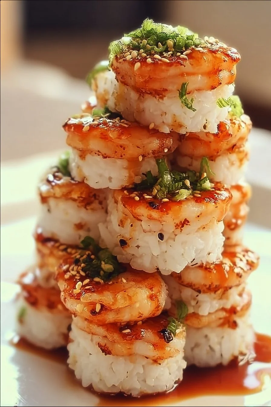 Plate of Spicy Shrimp Sushi Stacks garnished with avocado and spicy sauce