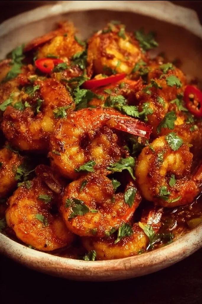 A plate of Spicy Voodoo Shrimp garnished with herbs and served with rice.