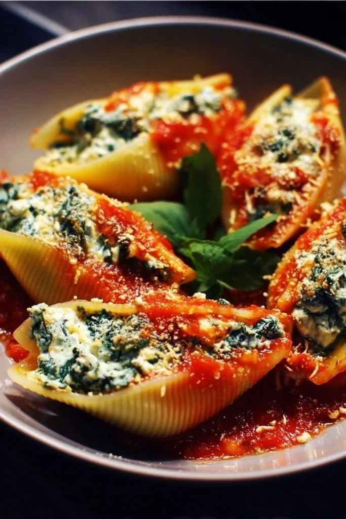 Delicious spinach and ricotta stuffed shells in a creamy sauce