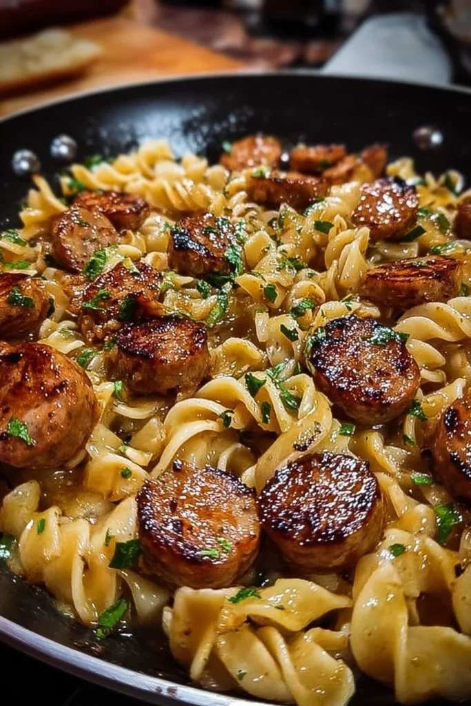 Delicious Sticky Honey Garlic Sausage Pasta Skillet served in a bowl