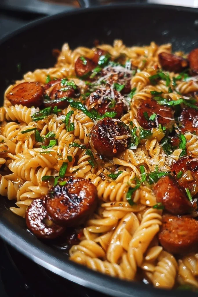 Sticky Honey Garlic Sausage Pasta Skillet dish prepared in a pan