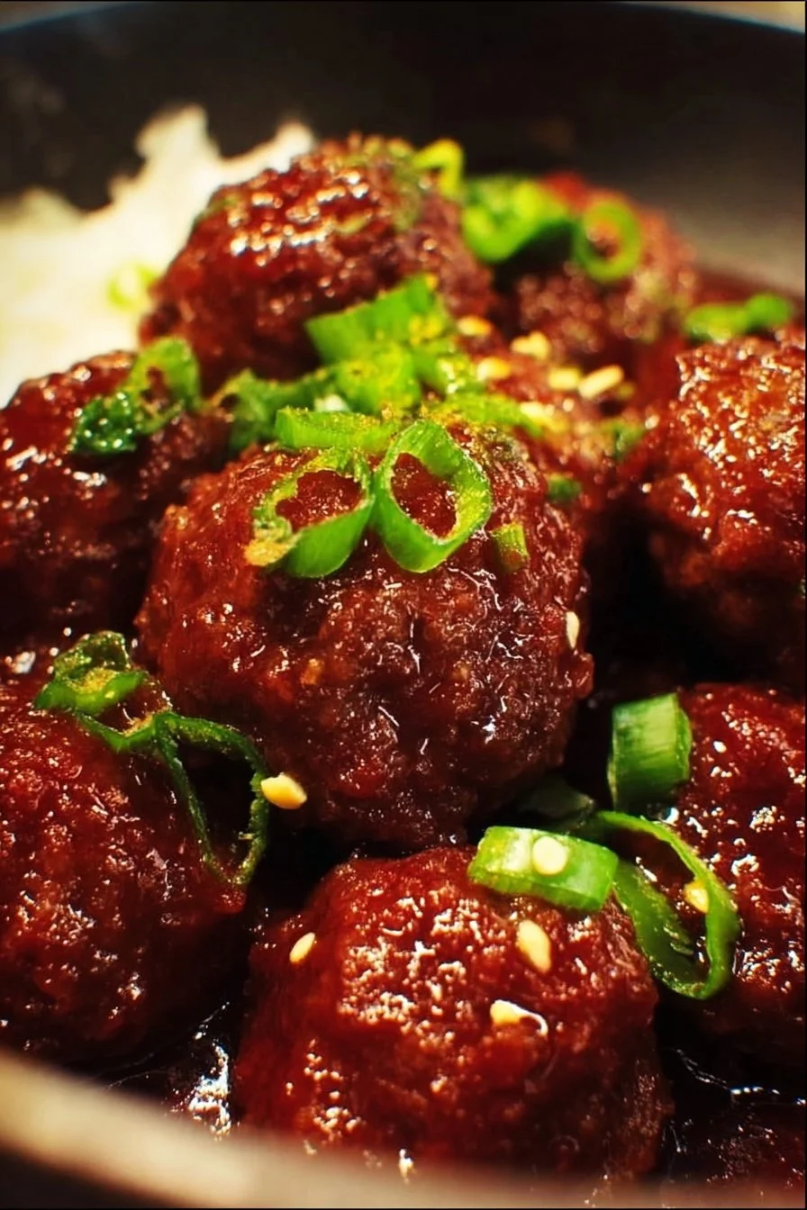 Sticky Mongolian Beef Meatballs served with garnishes