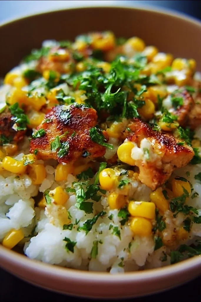 Delicious Street Corn Chicken Rice Bowl garnished with fresh ingredients