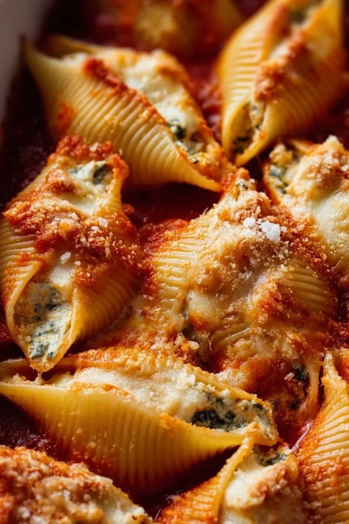 Stuffed jumbo pasta shells filled with cheese and herbs, topped with sauce.