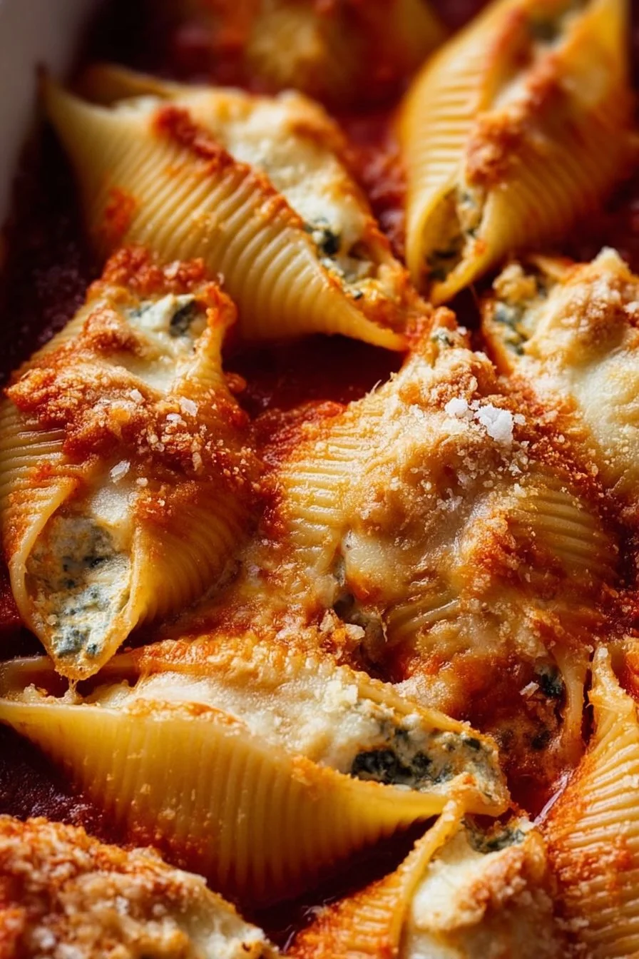 Stuffed jumbo pasta shells filled with cheese and herbs, topped with sauce.