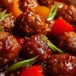 Plate of delicious sweet and sour meatballs garnished with herbs