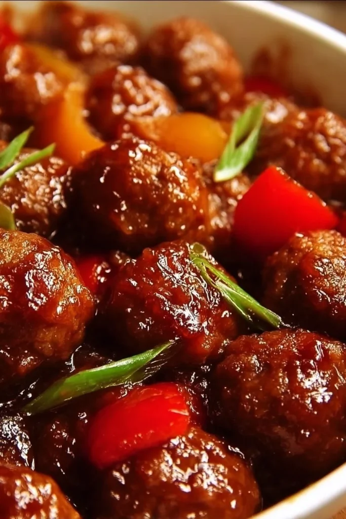 Plate of delicious sweet and sour meatballs garnished with herbs