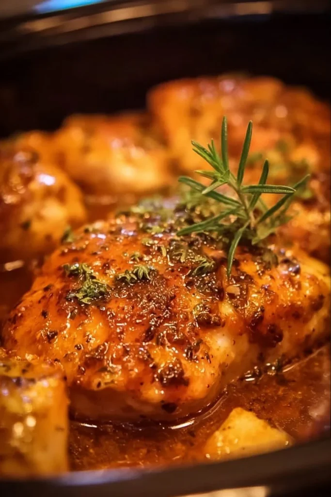 Dish of Sweet Baby Ray’s Crockpot Chicken served with sides