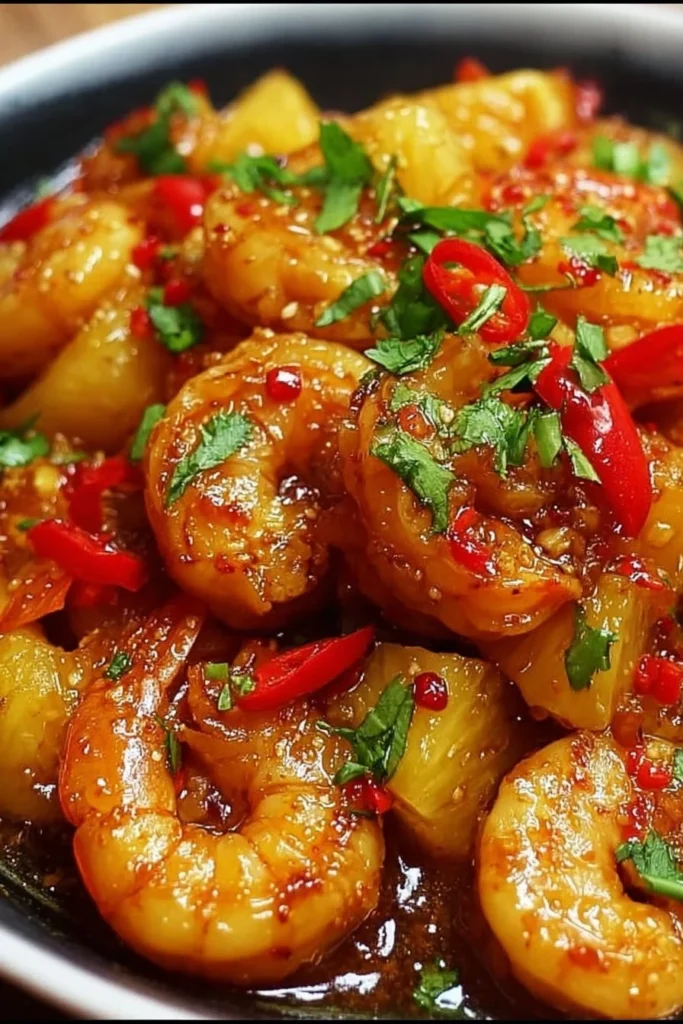 Sweet Chili Pineapple Shrimp dish garnished with fresh herbs
