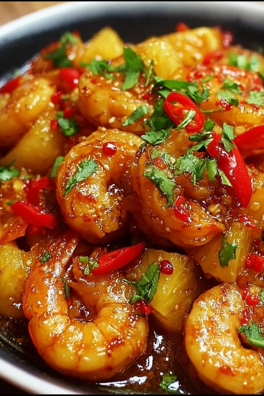 Sweet Chili Pineapple Shrimp dish garnished with fresh herbs